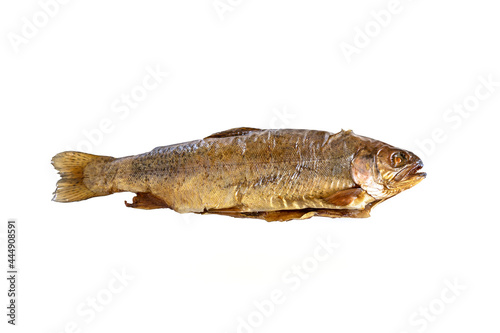 Smoked trout isolated on a white background, delicious and healthy fish preparation with saturated omega-3 fatty acid, copy space, high angle view from above