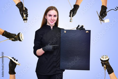 A woman beautician against the background of a collage of handpieces for carrying out hardware slimming procedures in a spa salon. Vacuum massage, radiofraction lifting, skin cleansing, cryolipolysis. photo
