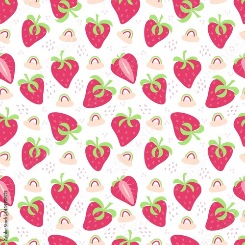 Summer seamless pattern with strawberries, rainbow and clouds. Vector background.