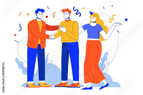 Team congratulates colleague web concept. Man and woman celebrating career growth at corporate party. Vector illustration in minimal flat design for blog, app design, onboarding screen, social media