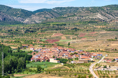 High angle view of a town in nature landscape. Santo Domingo de Moya, Cuenca, Castilla-La Mancha, Spain