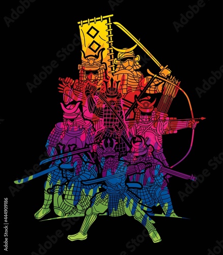 Samurai Warriors with Weapons Action Group of Ronin Japanese Fighter Cartoon Graphic Vector