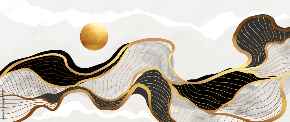 Wave and sun abstract art background vector. Black and gold luxury wallpaper design for wall art and home decor, prints, cover and banner template. Wave and sun abstract art background vector. Black and gold luxury wallpaper design for wall art and home decor, prints, cover and banner template.