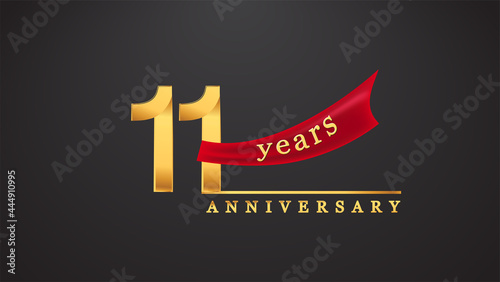 11th anniversary design logotype golden color with red ribbon for anniversary celebration