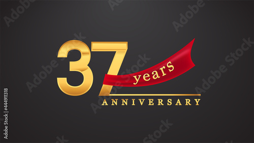 37th anniversary design logotype golden color with red ribbon for anniversary celebration