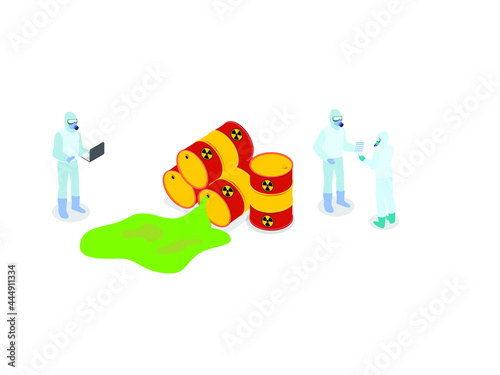 People wearing hazmat with toxic waste isometric 3d vector concept for banner, website, illustration, landing page, flyer, etc.