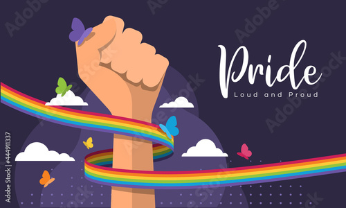 pride, loud and proud text - rainbow pride ribbon around hand fight and butterfly flying on dark purple background vector design