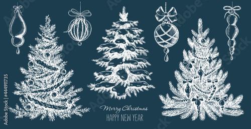 Christmas tree, toys, hand drawn illustration. Vector.
