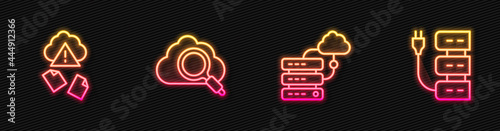 Set line Network cloud connection, Cloud hacking, Search computing and Server. Glowing neon icon. Vector