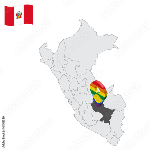 Location of  Cuzco on map Peru. 3d location sign similar to the flag of Cuzco. Quality map  with  provinces Republic of Peru for your design. EPS10