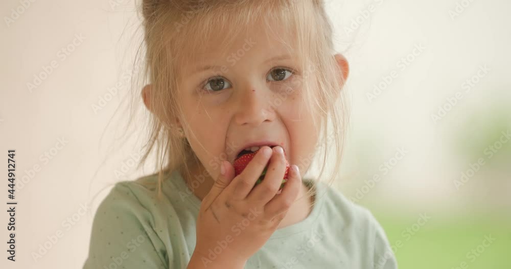innocent little child with blonde hair eating strawberries, smiling, looking down and tasting finger while standing outside in backyard innocent little child with blonde hair eating strawberries, smiling, looking down and tasting finger while standing outside in backyard