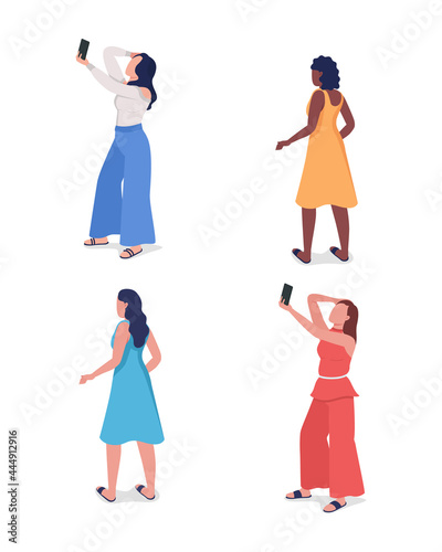 Girl posing for photo semi flat color vector character set. Standing figure. Full body people on white. Women isolated modern cartoon style illustration for graphic design and animation collection