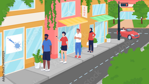 Queue at covid vaccination centre flat color vector illustration. Providing people with vaccine. Gaining immunization. Local residents 2D cartoon characters with summer city street on background