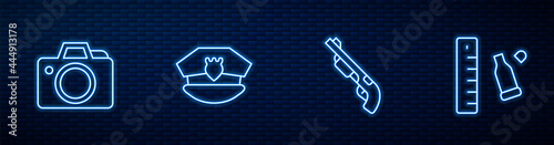 Set line Police shotgun, Photo camera, cap with cockade and Bullet casing ruler. Glowing neon icon on brick wall. Vector