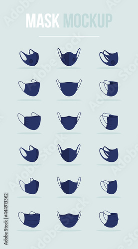 Coronavirus face mask types black mockup. Preventing wearer from virus transmitting. Filtering facepiece. Disposable material. Modern item clipart. Isolated design template on blue-gray background