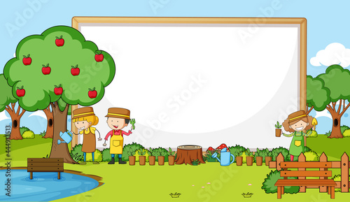 Park scene with blank banner and many gardeners doodle cartoon character