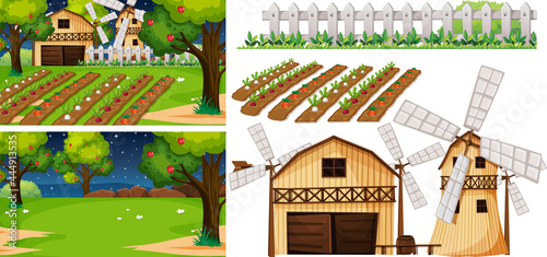 Farm element set isolated with farm scene