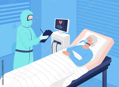 Covid patient in intensive care flat color vector illustration. Monitoring for body functions stability. Unconscious sick person and doctor 2D cartoon characters with hospital on background