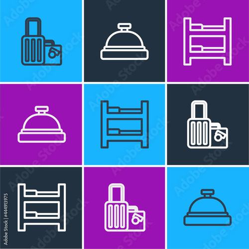 Set line Suitcase, Hotel room bed and service bell icon. Vector