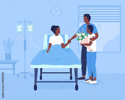 Family support during hospitalization flat color vector illustration. Patient room at clinic. Father and brother visiting young girl 2D cartoon characters with hospital environment on background