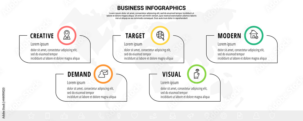 Business vector infographics with five line circles and labels. Timeline visualization with 5 steps for diagram, flowchart, banner, presentations, web, content, levels, chart, graph Business vector infographics with five line circles and labels. Timeline visualization with 5 steps for diagram, flowchart, banner, presentations, web, content, levels, chart, graph