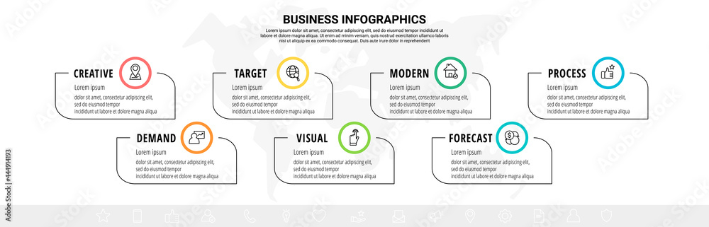 Fototapeta premium Business vector infographics with seven line circles and labels. Timeline visualization with 7 steps for diagram, flowchart, banner, presentations, web, content, levels, chart, graph