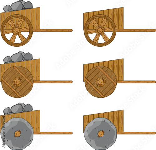 Set. Wooden cart. A wheelbarrow for transporting cargo. Flat design.