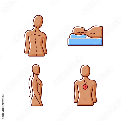 Postural dysfunction RGB color icons set. Head tilt. Incorrect sleeping position. Normal spinal anatomy. Chest pain. Muscle weakness. Affecting lungs, heart. Isolated vector illustrations