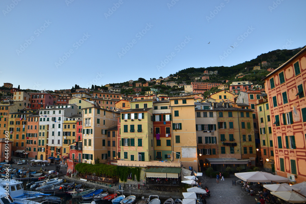 view of the characteristic colored houses in Camogli overlooking the sea