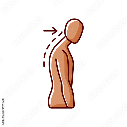 Slouching RGB color icon. Poor posture. Forward head. Body looking down. Walking incorrectly. Muscles in neck, back and shoulders disruption. Pressure on bones. Isolated vector illustration photo