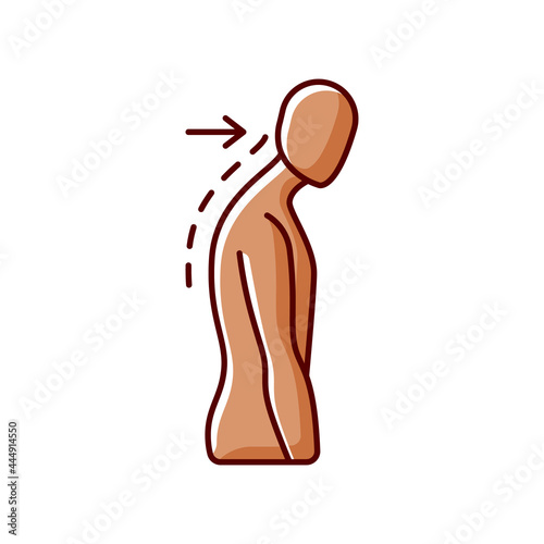 Slouching RGB color icon. Poor posture. Forward head. Body looking down. Walking incorrectly. Muscles in neck, back and shoulders disruption. Pressure on bones. Isolated vector illustration