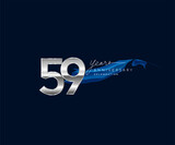 59th Years Anniversary celebration logotype silver colored with blue ribbon and isolated on dark blue background