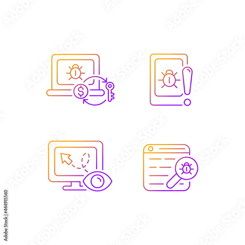 Internet censorship gradient linear vector icons set. Ransomware. Cell phone bugging. Web bug. Location tracking. Thin line contour symbols bundle. Isolated vector outline illustrations collection