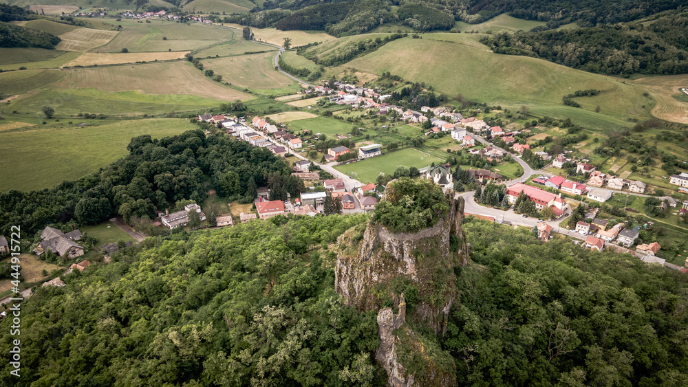 Aerial views of the castle ruins in the village Hajnacka in Slovakia