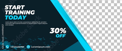 Gym, fitness, workout horizontal banner design. Modern banner with place for the photo.