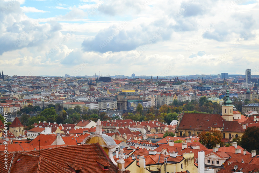 Scenic view of Prague city. Vysehrad overlooking red roofs, Czech Republic