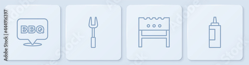 Set line Barbecue, BBQ brazier, fork and Sauce bottle. White square button. Vector