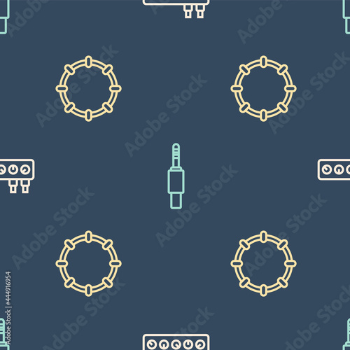Set line Sound mixer controller, Tambourine and Audio jack on seamless pattern. Vector