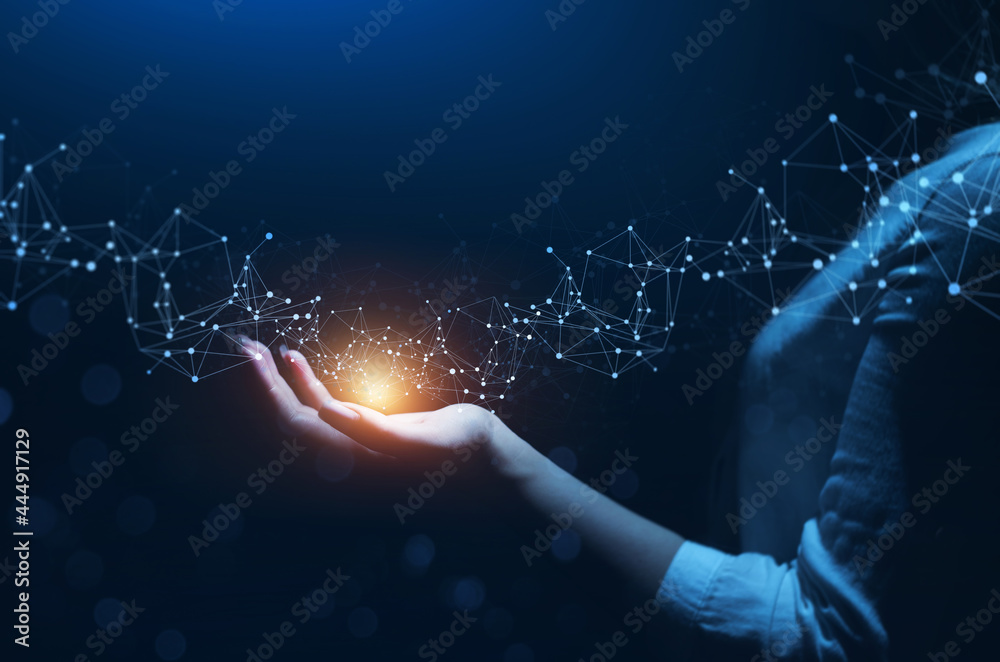 Woman hand holding global network connection. Internet communication, Wireless connection technology.   Futuristic technology with polygonal shapes. - obrazy, fototapety, plakaty 