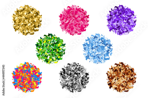 Set Of Round Colorful Explosion Of Confetti. Grainy Abstract Multicolored Texture Isolated On White Background. Flat Design Element. Vector Illustration, Eps 10.