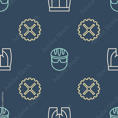 Set line Cycling shorts, Bicycle sprocket crank and helmet on seamless pattern. Vector