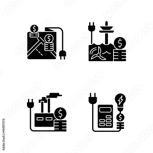 Electrical energy purchase expense black glyph icons set on white space. Pricing by locality. Electricity consumption with alternative resource. Silhouette symbols. Vector isolated illustration