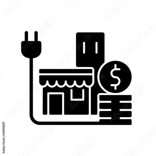 Energy price for commercial customer black glyph icon. Cost for electrical power for shops and stores. Retail industry expense. Silhouette symbol on white space. Vector isolated illustration