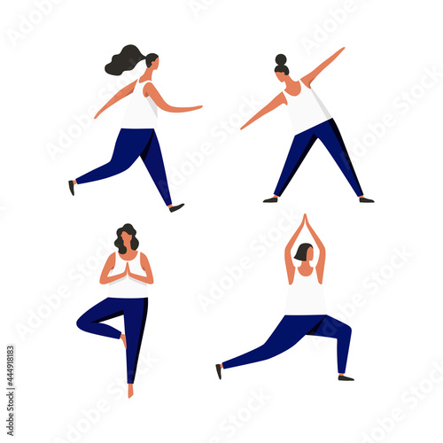 Set of illustrations of sportswomen. Sports and healthy lifestyle concept. Running, yoga, fitness. Vector.