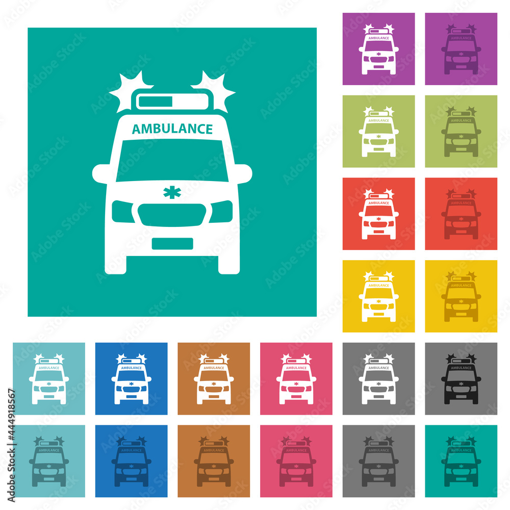 Flashing ambulance car front view square flat multi colored icons Flashing ambulance car front view square flat multi colored icons