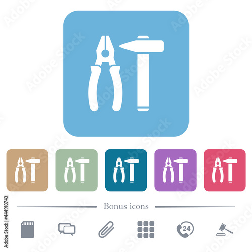 Hammer and combined pliers flat icons on color rounded square backgrounds