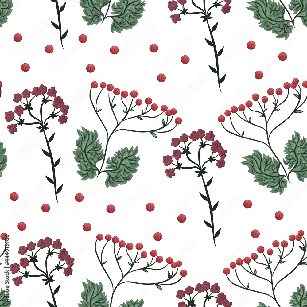 Flowers seamless pattern with red berries and green leaves. Vector illustration of wild plants. Design for wallpaper, background, backdrop, wrapping paper, textiles.