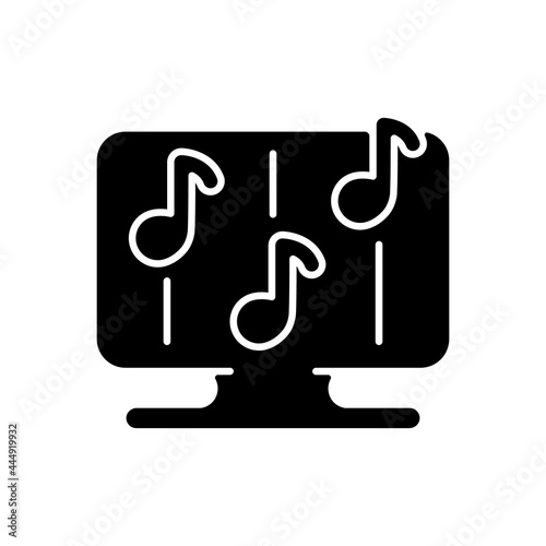 Rhythm games black glyph icon. Special game of music theamed genre. Digital simulation of musical instruments perfomance. Fun time. Silhouette symbol on white space. Vector isolated illustration
