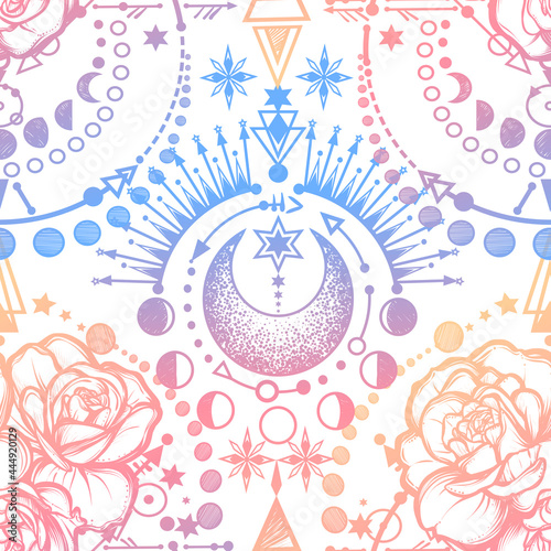 Vector illustration, Moon Phases, Alchemy, magical astrology, spirituality and occultism, roses, Handmade, print on t-shirt, seamless pattern, light  background
