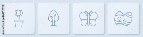 Set line Flower tulip in pot, Butterfly, Forest and Easter egg. White square button. Vector photo